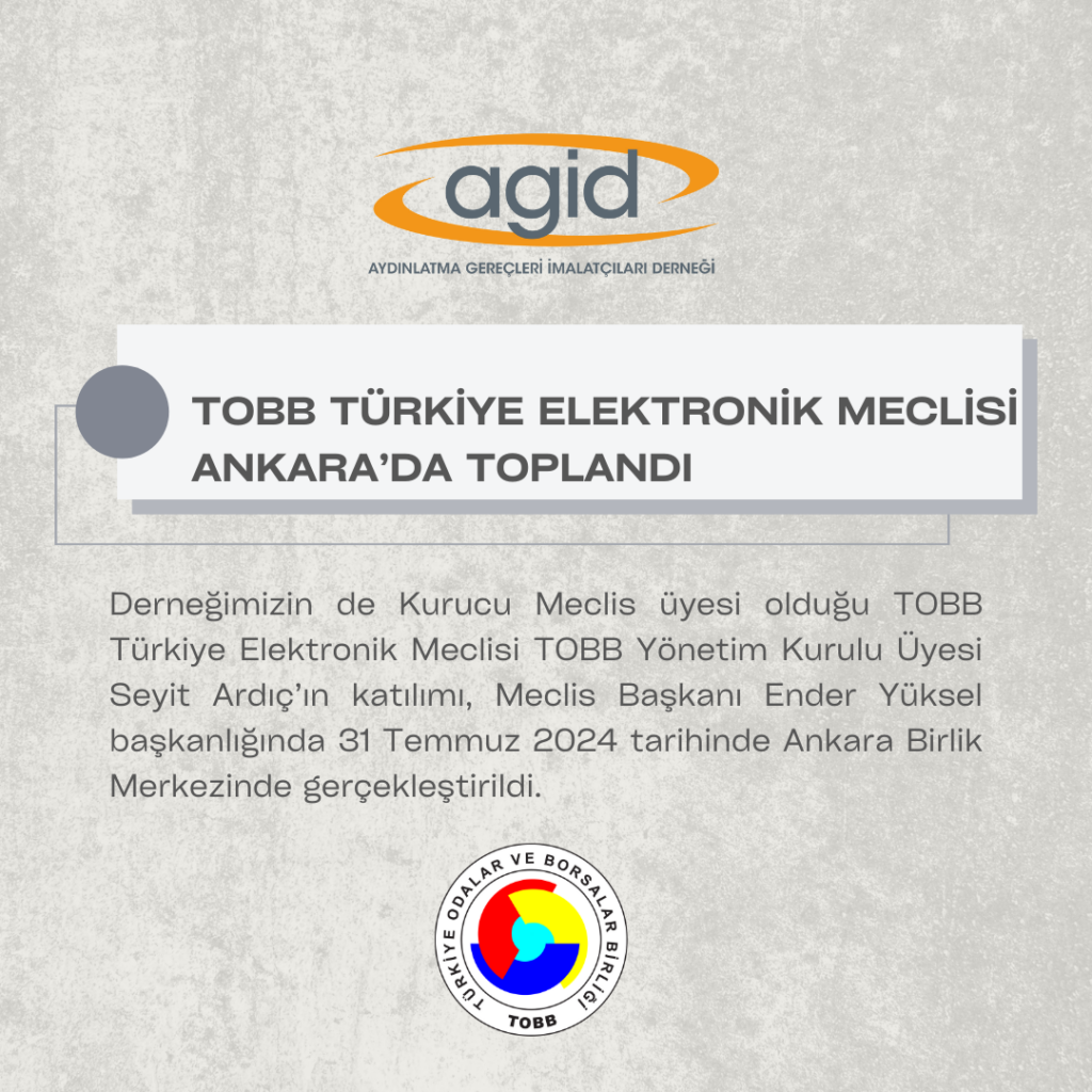 Derneğimizin de kurucu üyesi olduğu TOBB Türkiye Elektronik Meclisi 31 Temmuz 2024 tarihinde Ankara'da toplandı. Toplantıda Cumhurbaşkanlığı Yatırım Ofisi Birim Müdürlüğü tarafından yatırım süreçleri kılavuzuna ilişkin bilgilendirme yapıldı. Diğer gündem maddeleri kapsamında Meclis Üyeleri tarafından elektronik sektörünün dünyada ve ülkemizdeki güncel durumu ele alınarak ihracat yapılan ürünlerde kullanılan TRT bandrolleri ve elektronik atık konularına değinildi.